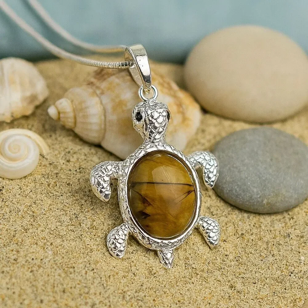 Handcrafted Silver Turtle Pendant Necklace Tiger’s Eye Gemstone Beach Theme Jewe